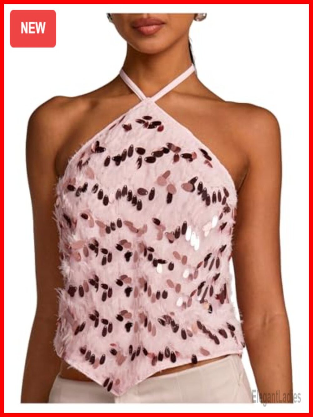 Sequin Fuzzy Backless Halter Top Sleeveless Asymmetrical Party